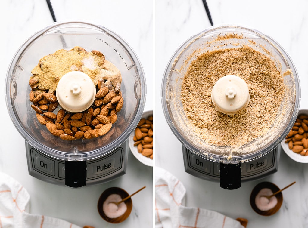 side by side photos showing the process of making almond parmesan in a food processor.