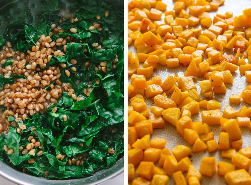 side by side pictures of the process of cooking the wheat berries and roasting the butternut squash.