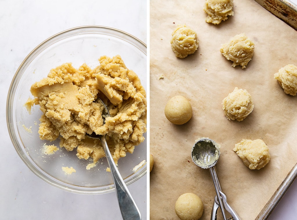 side by side photos showing the process of rolling flourless thumbprint cookie dough.