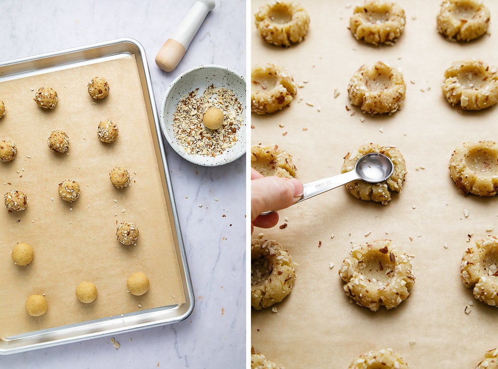 side by side photos showing the process of making low carb almond flour thumbprint cookies.
