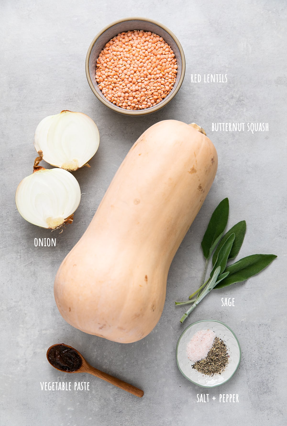 top down view of ingredients used to make healthy butternut squash red lentil soup.