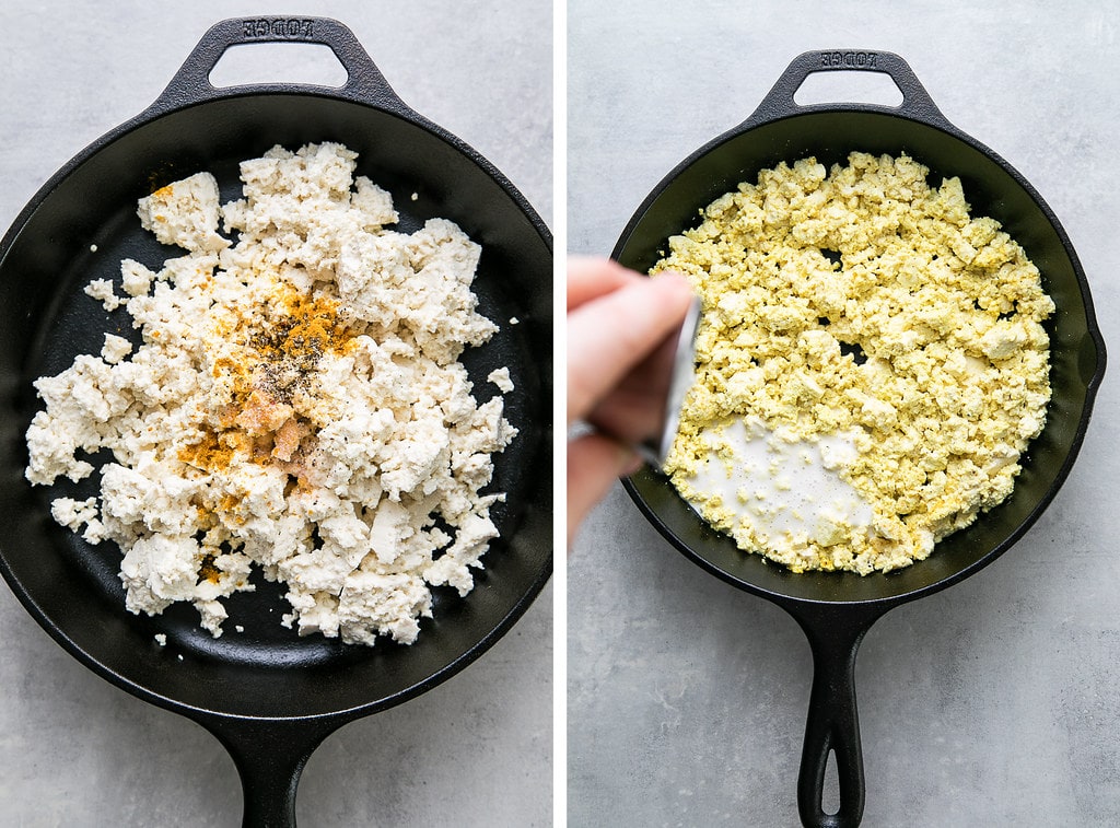 side by side photos showing the process adding spices and cream to make the best classic tofu scramble.