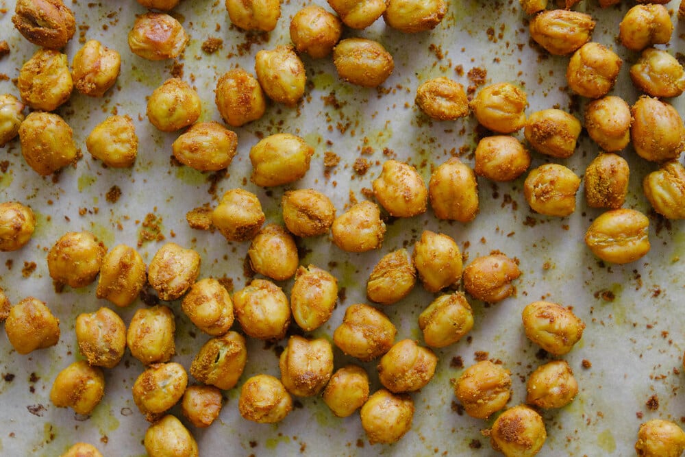 top down view of turmeric roasted chickpeas.