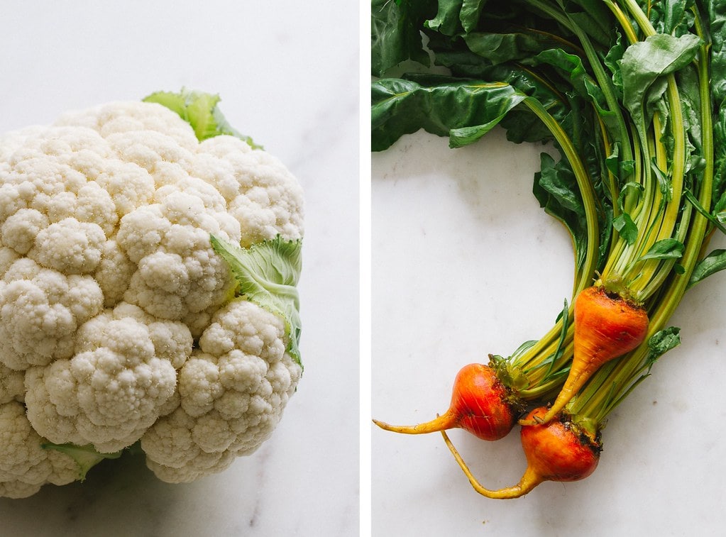 side by side photos of head of cauliflower and golden beets.