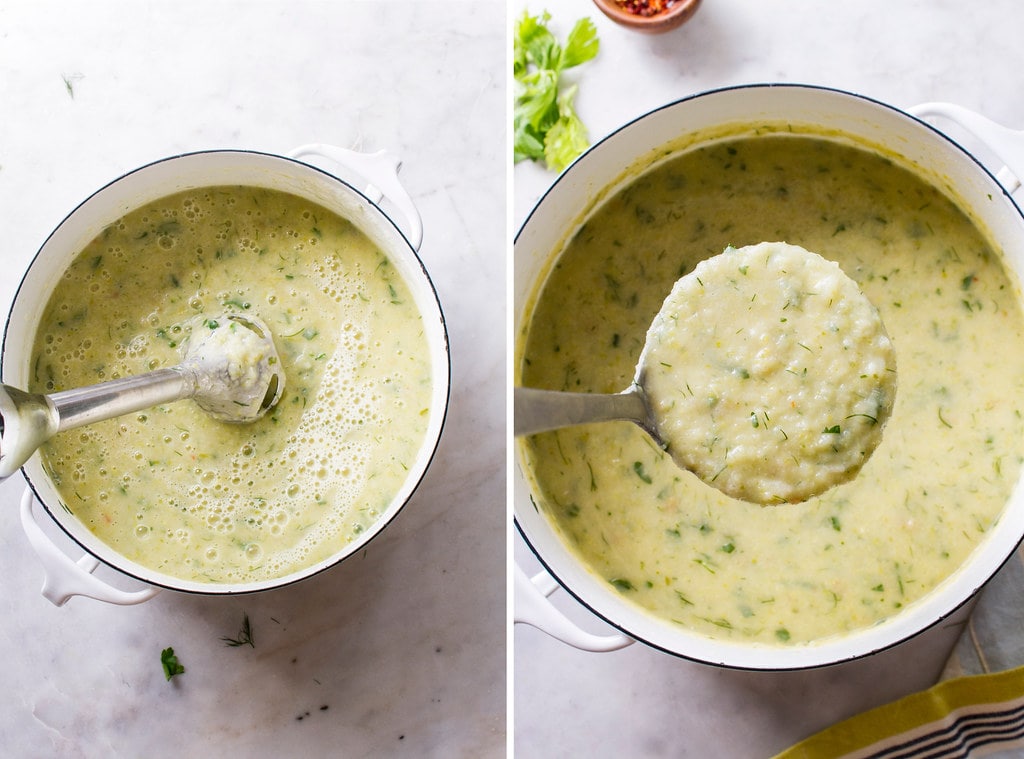 side by side photos showing the process of pureeing healthy celery soup.