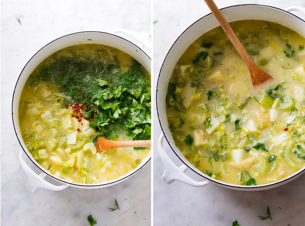 side by side photos of adding fresh herbs to celery soup before pureeing.