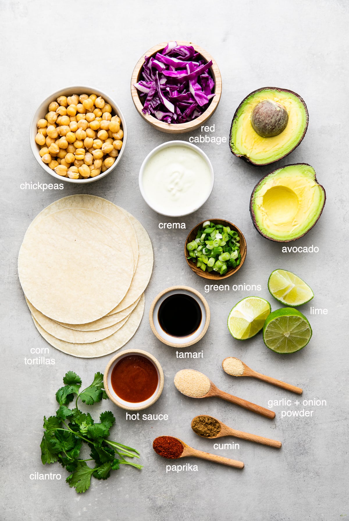 top down view of ingredients used to make the best buffalo chickpea tacos.