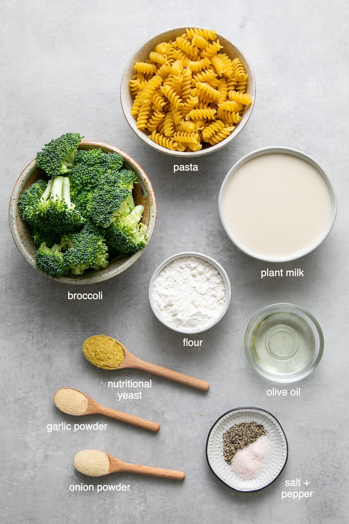 top down view of ingredients used to make vegan creamy broccoli pasta recipe.