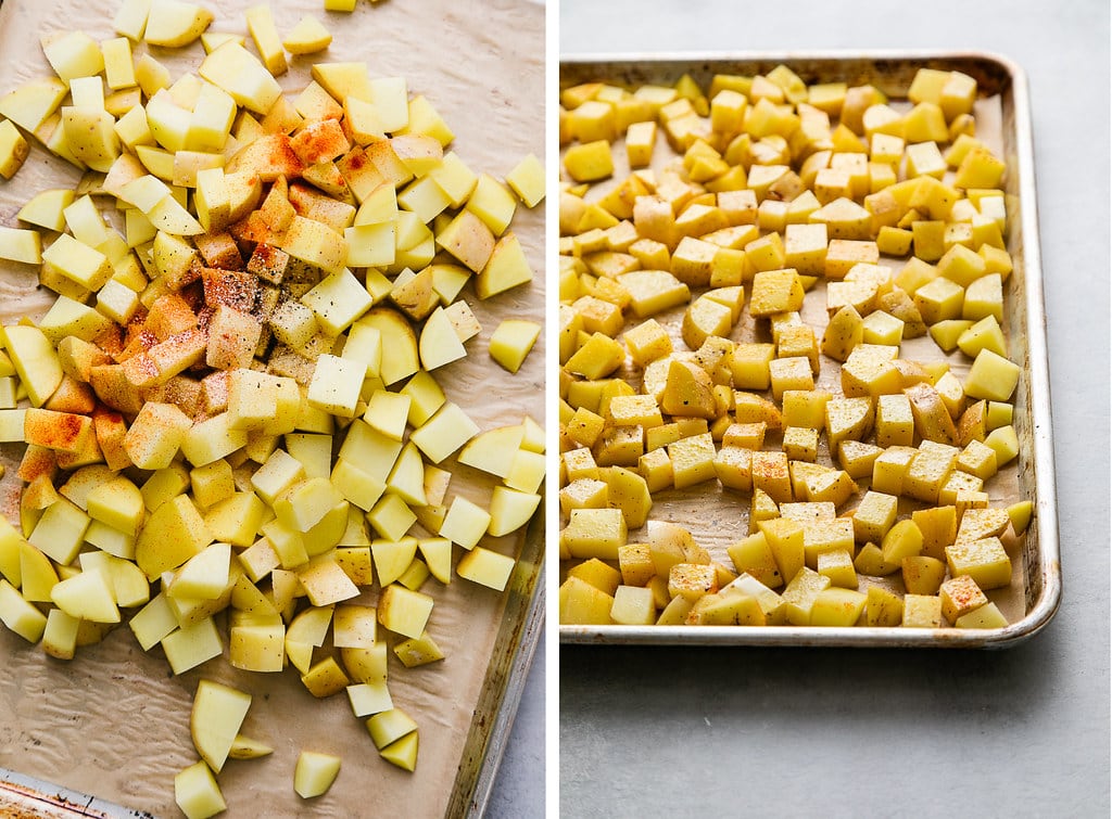 side by side photos showing the process of adding spices to breakfast potatoes before roasting.