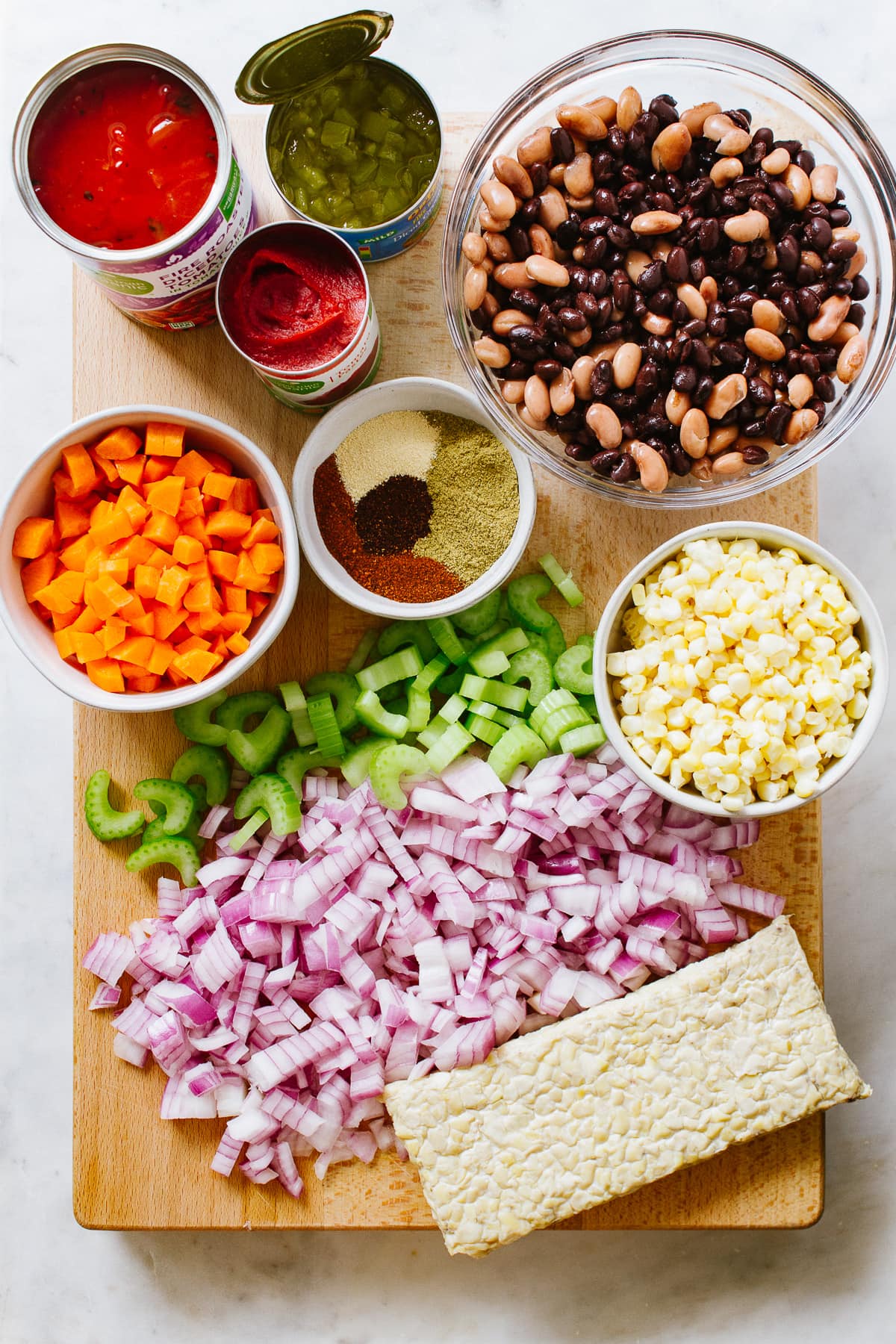 top down view of ingredients to make the best vegetable chili recipe.