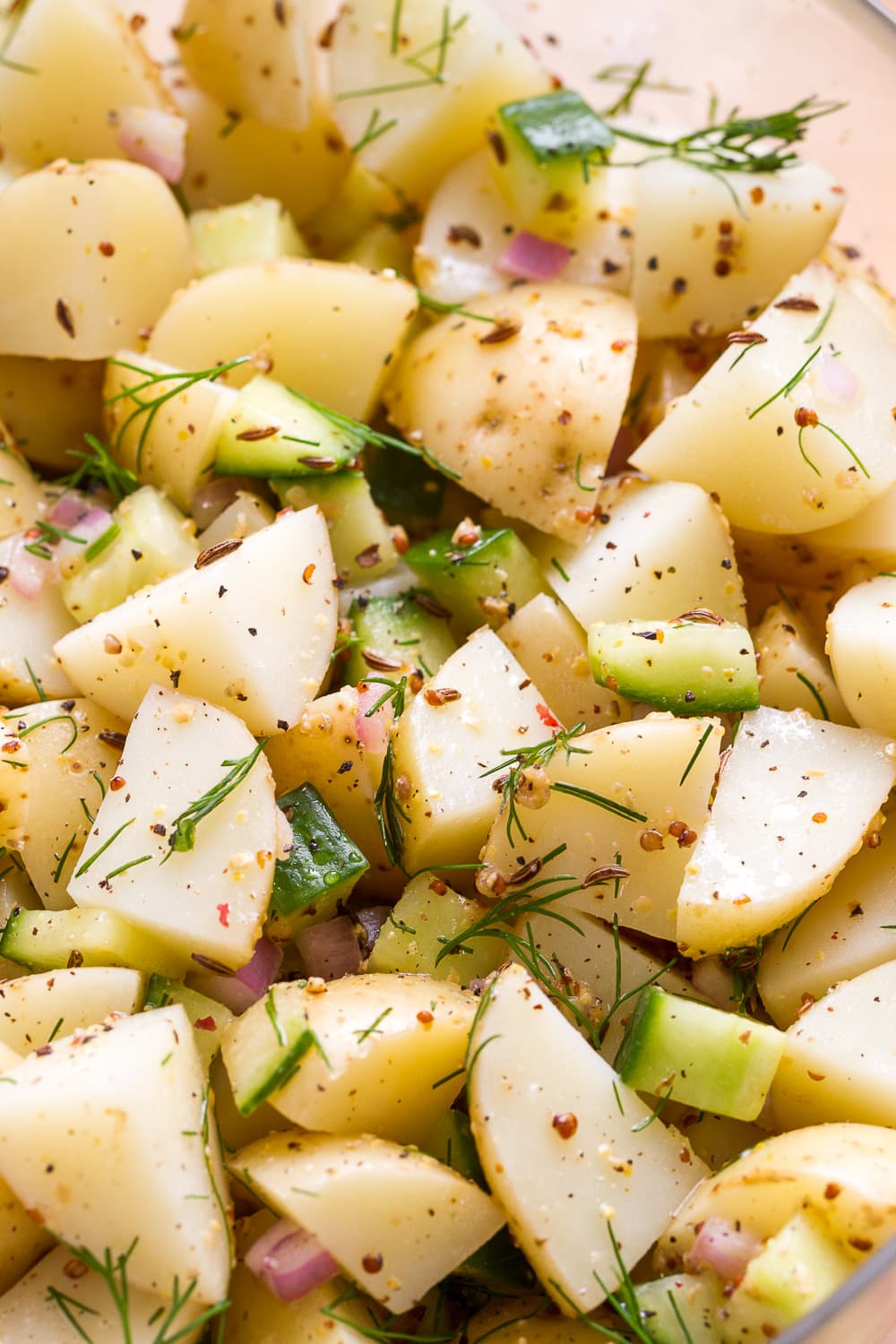 up close, side angle view of healthy german potato salad with dill.