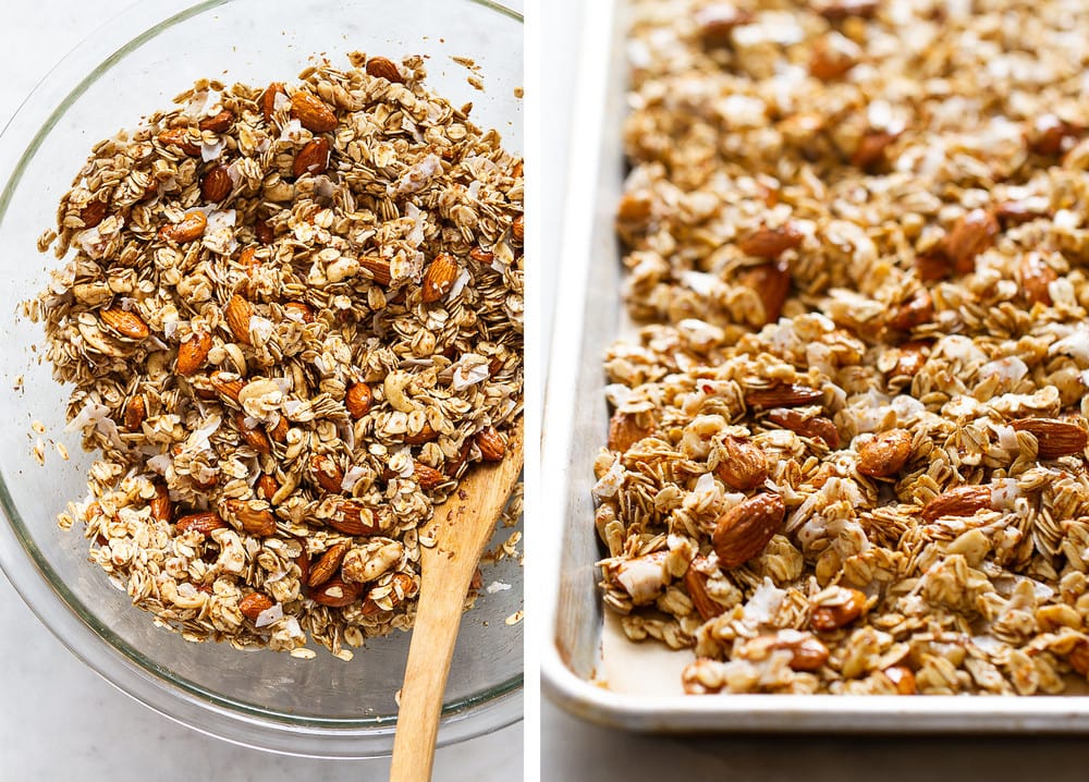 side by side view of granola mixed with wet ingredients, than placed on rimmed baking sheet