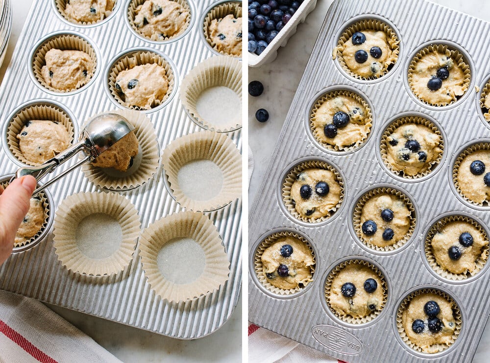 side by side by process of scooping muffin batter into muffin tin.