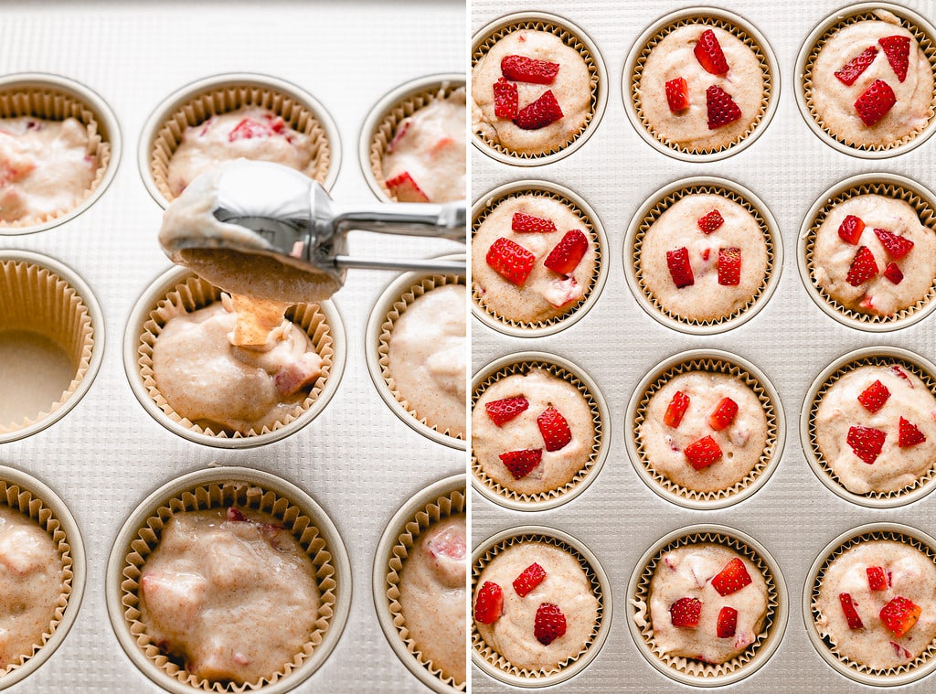 side by side photos showing process of scooping batter into muffin tin.