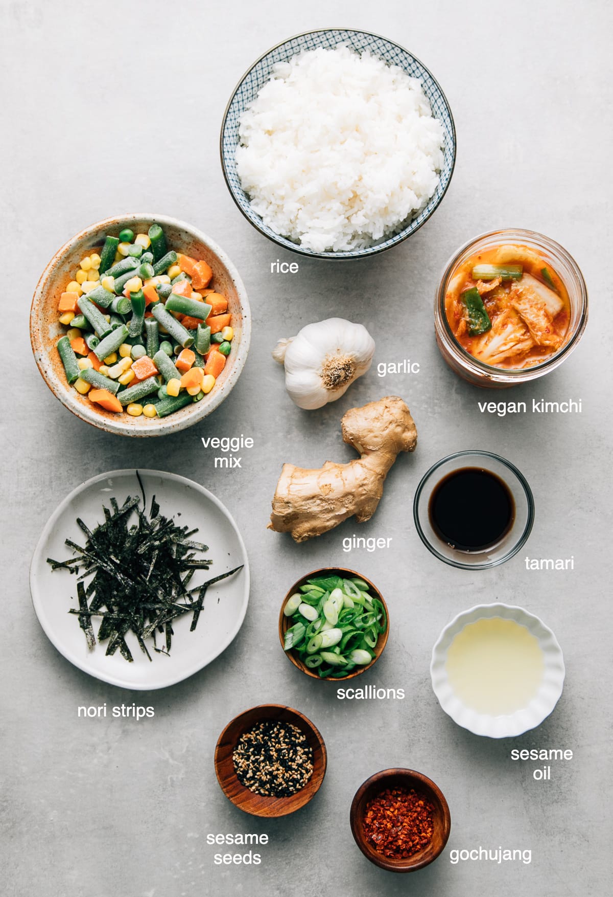 top down view of ingredients used to make vegan kimchi fried rice recipe.