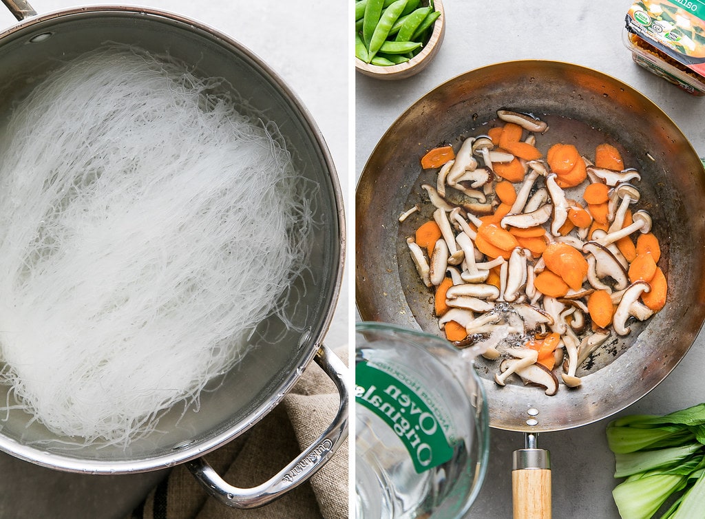 side by side photos showing the process of making mung bean noodles and miso soup with veggies.