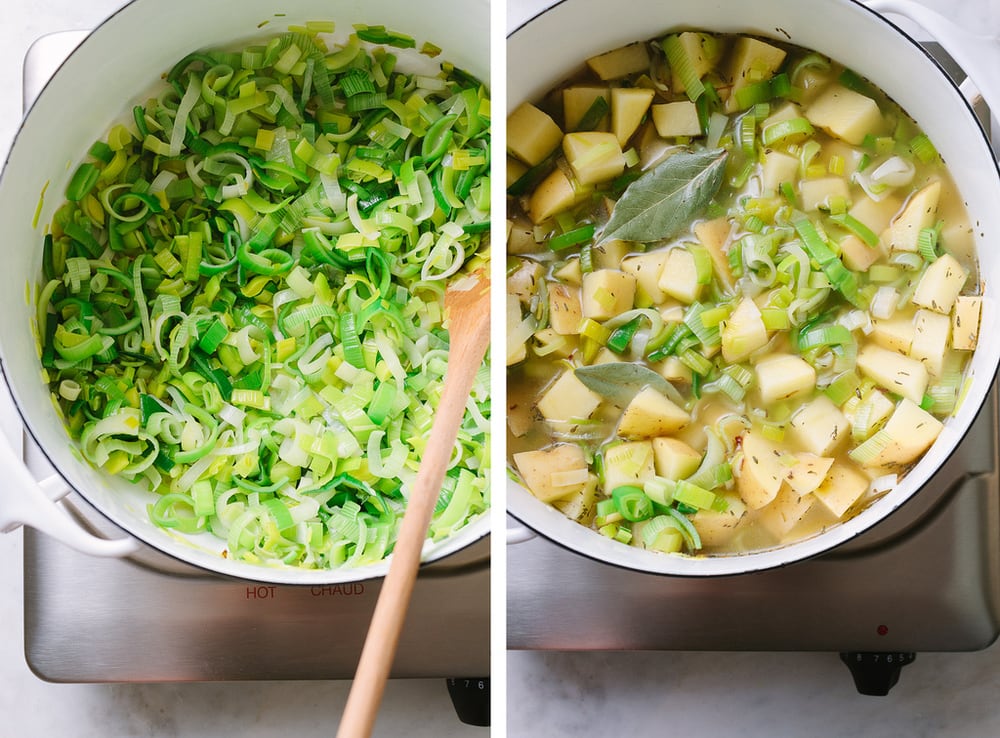 healthy vegan potato leek soup simmering