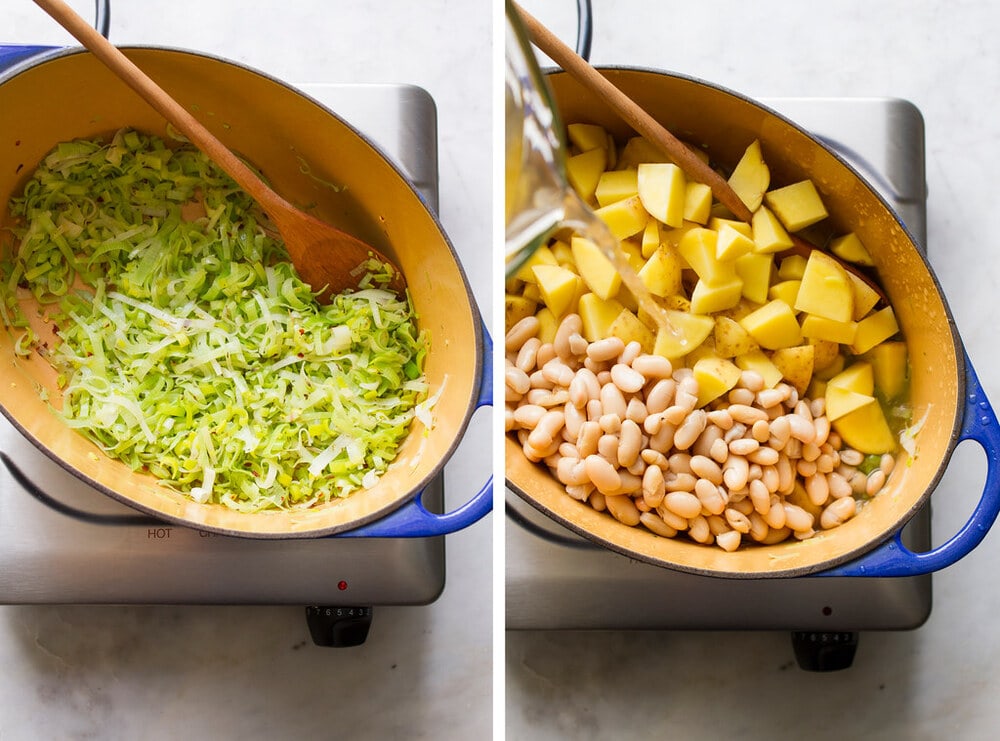 side by side photos showing the process of making potato, leek and white bean soup.