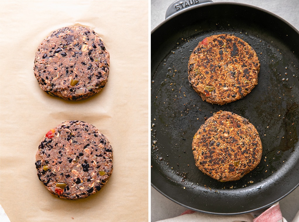side by side photos of black bean burger patties before and after cooking.