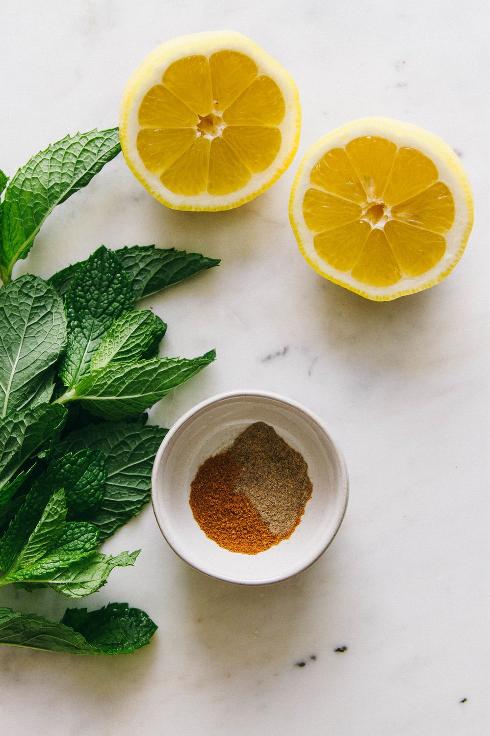 fresh mint, lemon and spices on a marble countertop