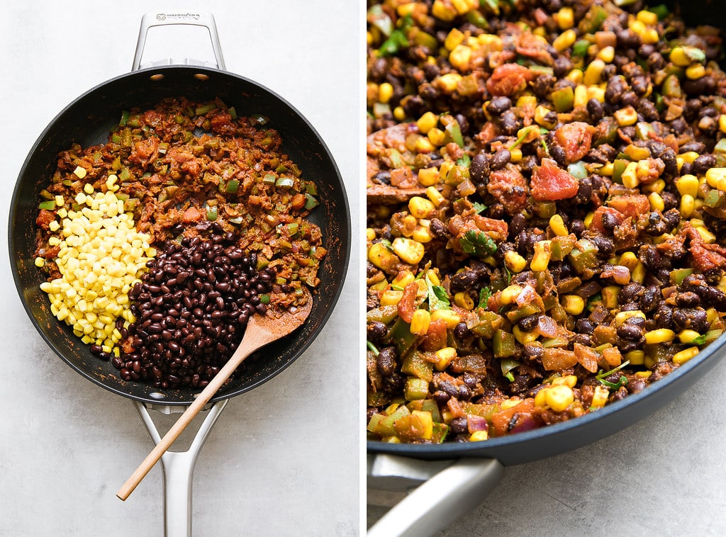 side by side photos showing the process of making vegan burrito filling in a pan.