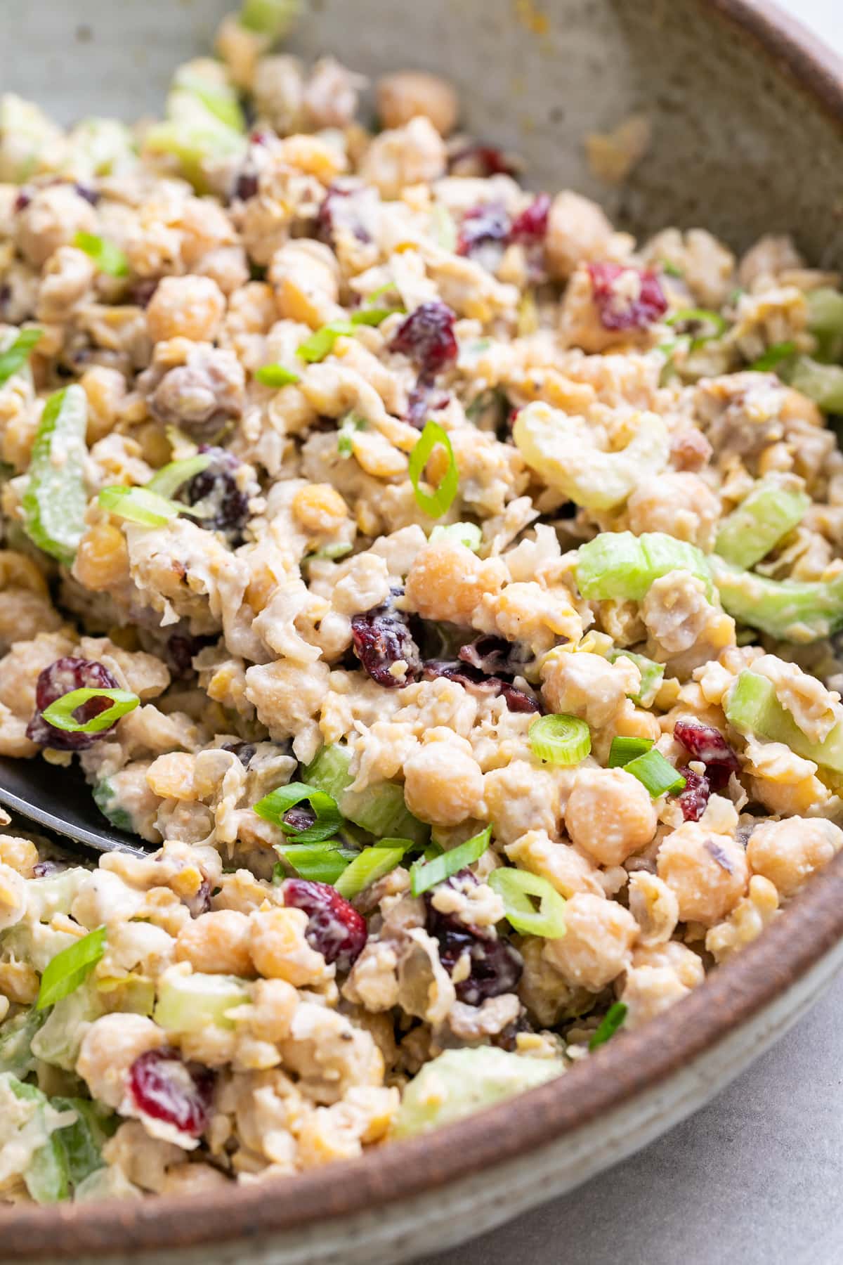 side angle view of the best vegan chicken salad with chickpea, cranberries and walnuts.