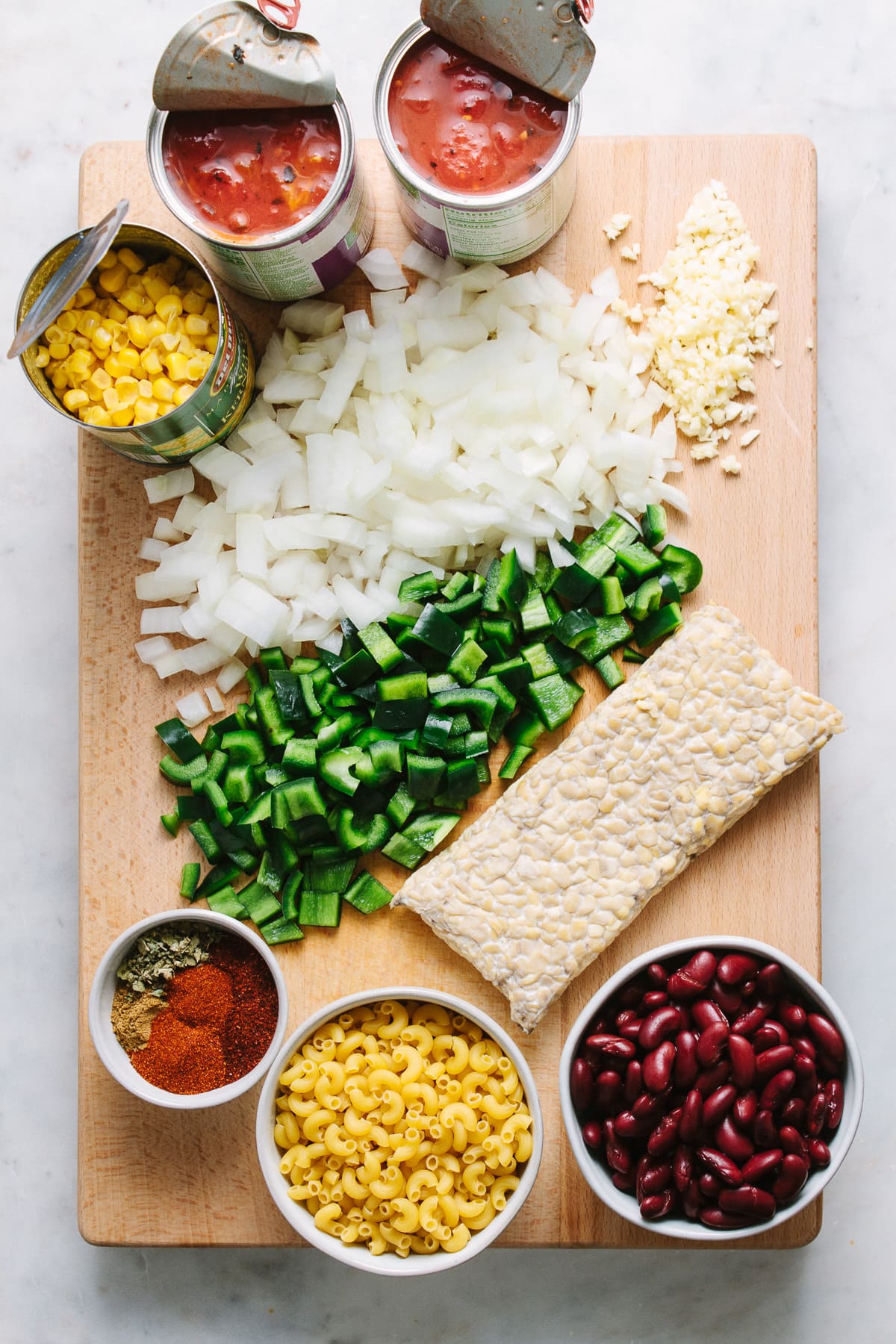 top down view of ingredients needed to make the best one pot vegan chili mac.