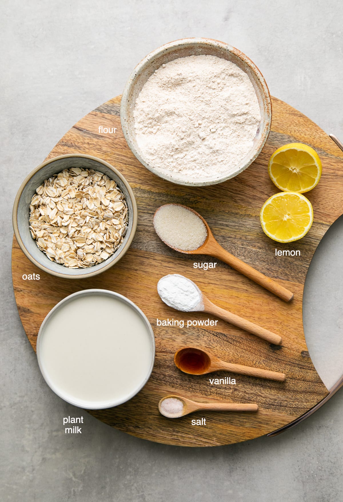 top down view of ingredients used to make healthy vegan oatmeal pancakes.