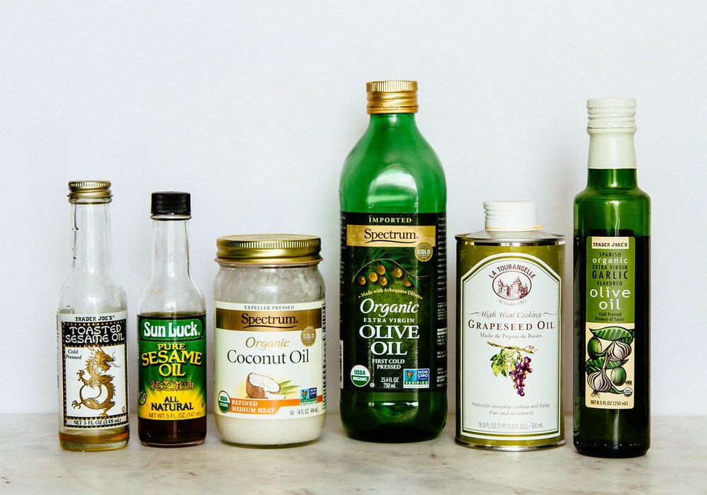 a variety of healthy oil for a vegan pantry.