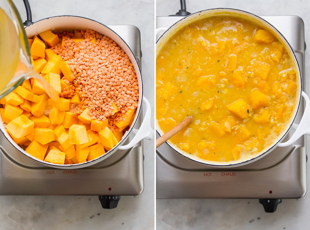 side by side photos showing the process of making vegan pumpkin soup recipe on the stovetop in a dutch oven.