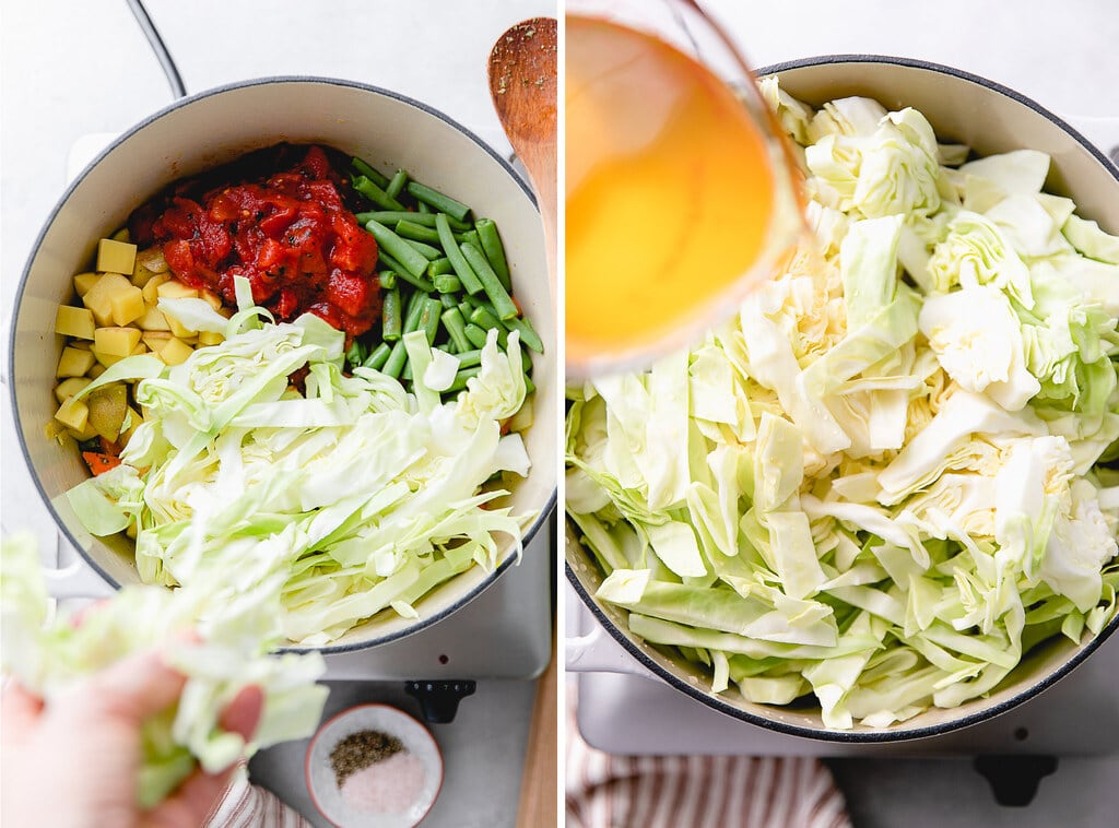 side by side photos showing the process of making vegetable cabbage soup.